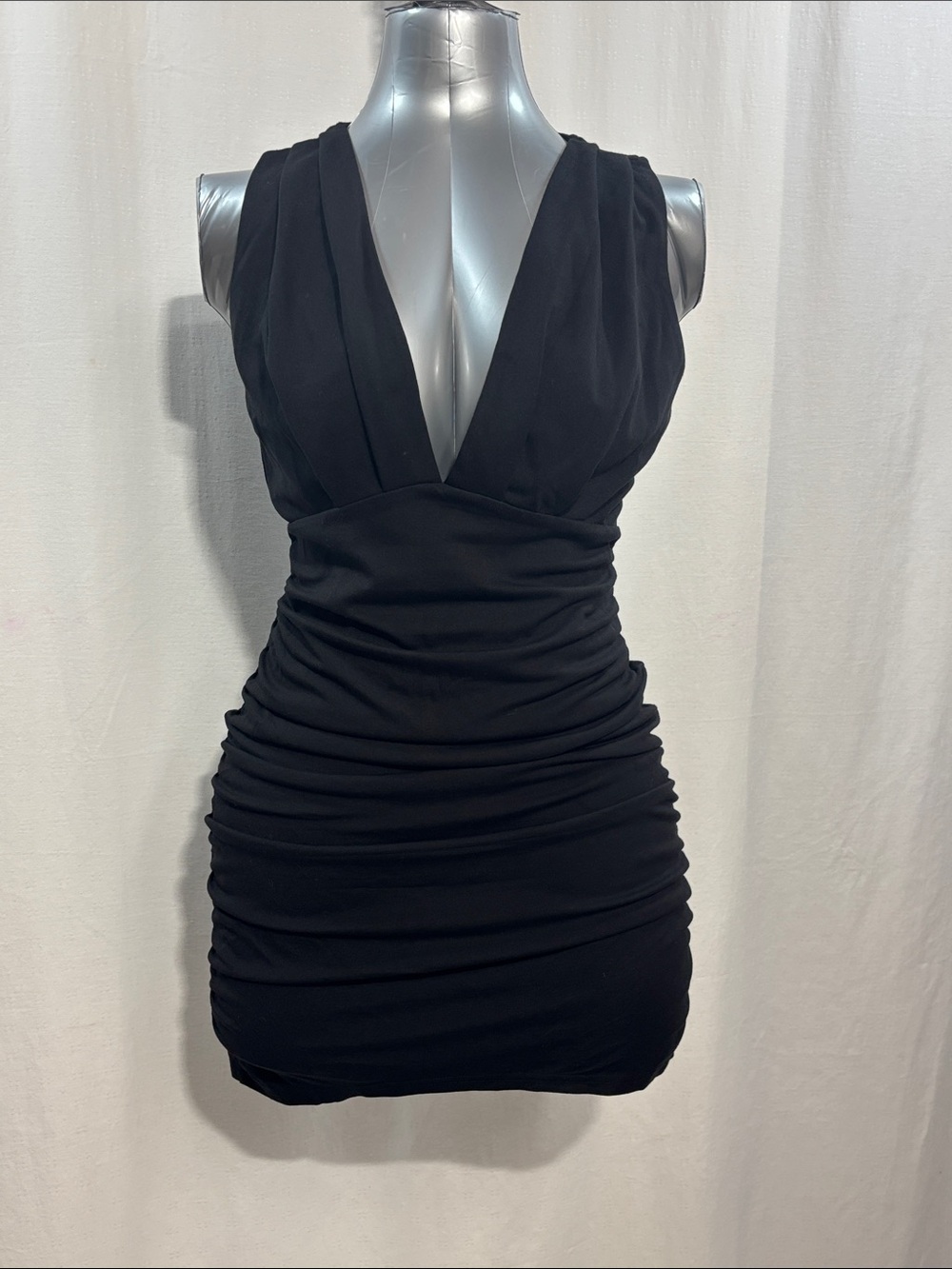 Sleeveless Black Ruched Plunge Mini Dress - party date night wedding stretch
